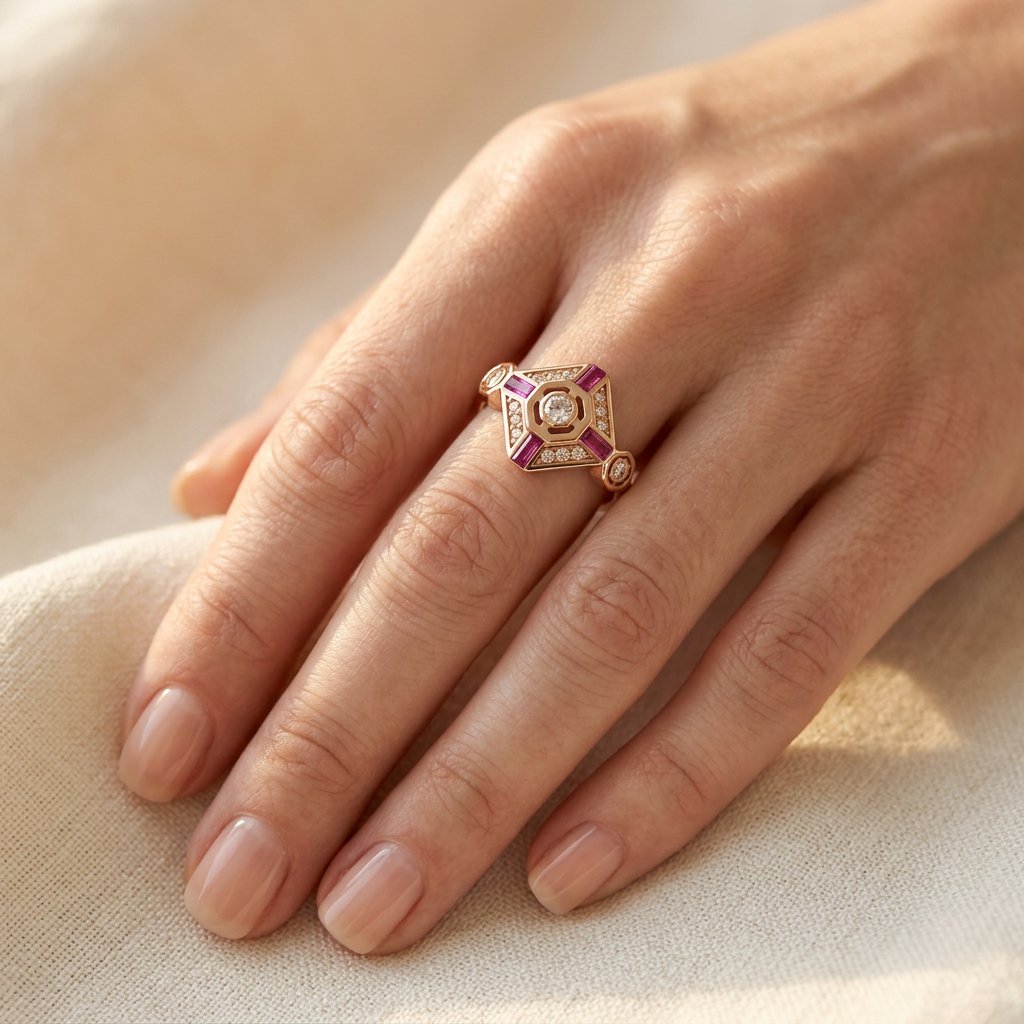 Gold Ruby Diamond Art Deco Ring