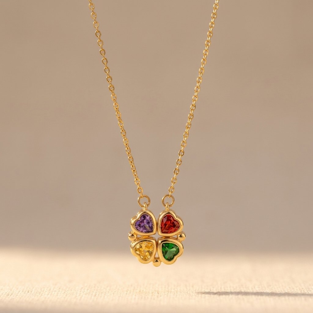 Gold Four Heart Gemstone Charm Necklace