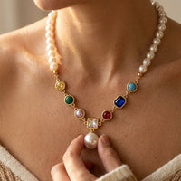 Gold Pearl Multistone Pendant Necklace