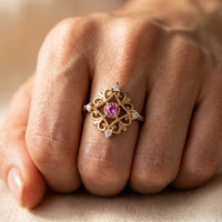 Vintage Gold Pink Sapphire Filigree Ring