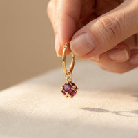 Gold Ruby Cushion Hoop Dangle Earrings
