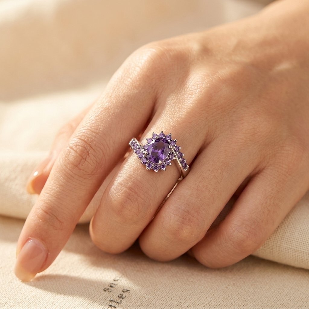 Vintage Silver Amethyst Halo Cluster Ring