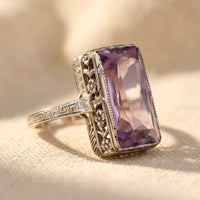 Vintage Silver Amethyst Rectangle Filigree Ring