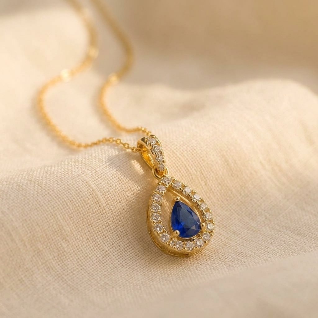 Gold Sapphire Teardrop Halo Necklace