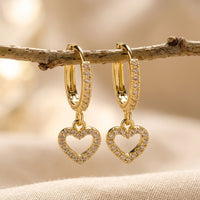 Gold Cubic Zirconia Heart Charm Earrings