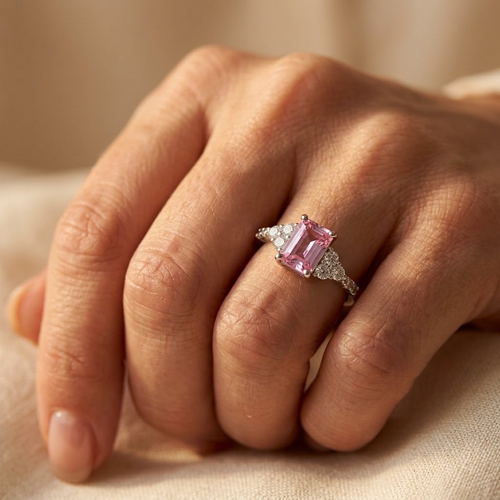 Pink Cushion Silver Diamond Accent Ring