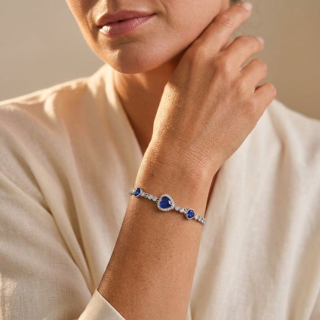 Silver Blue Sapphire Heart Tennis Bracelet