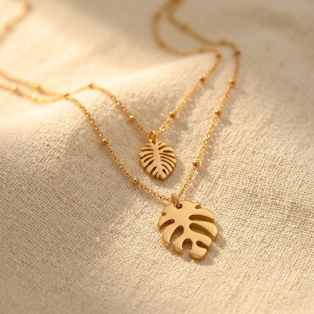 Gold Tropical Monstera Leaf Layered Necklace