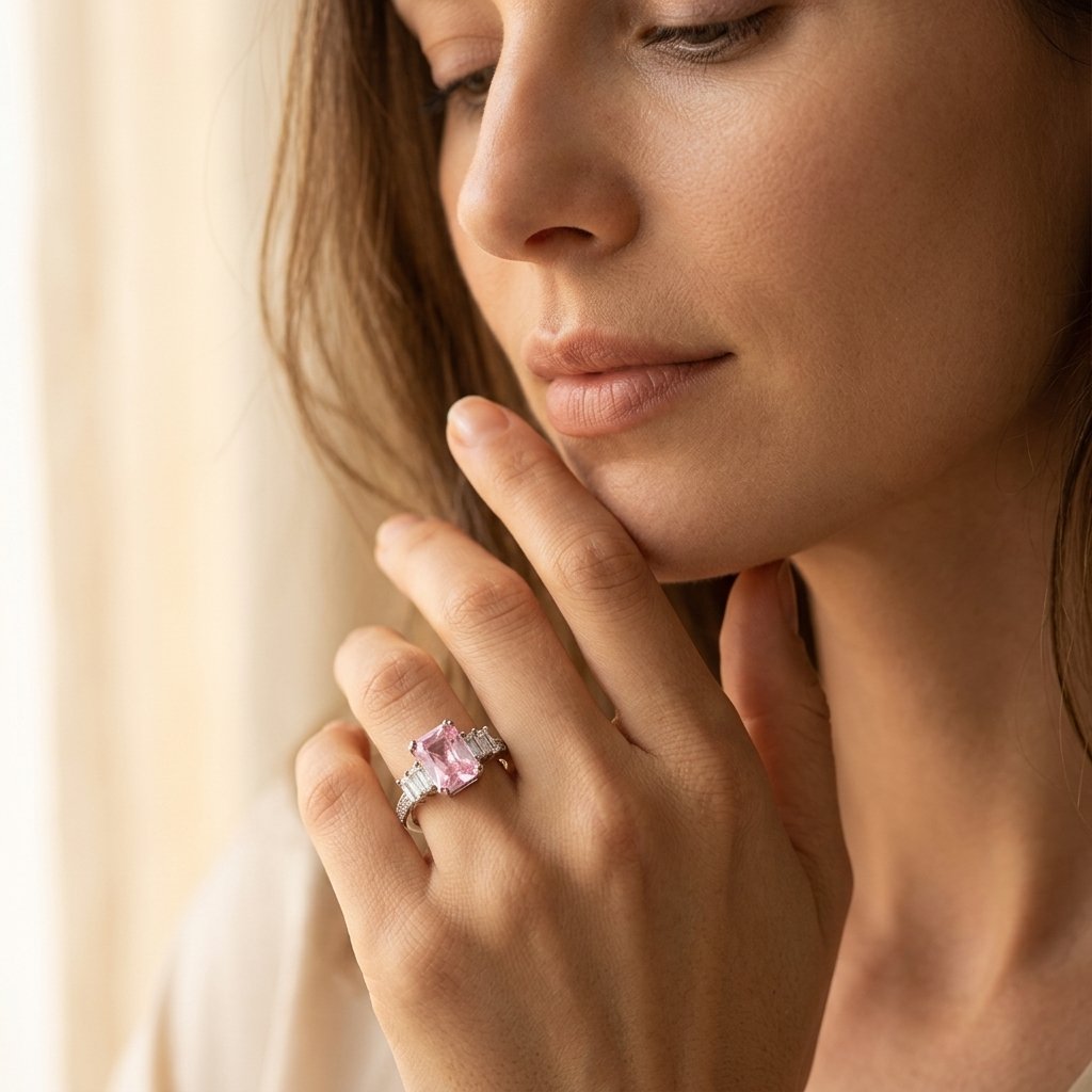 Pink Cushion Silver Baguette Engagement Ring