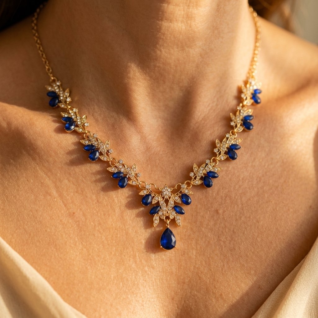 Gold Sapphire Filigree Leaf Necklace