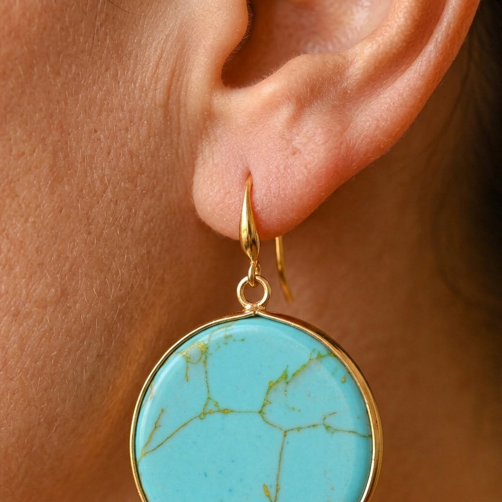Boho Gold Turquoise Veined Round Earrings