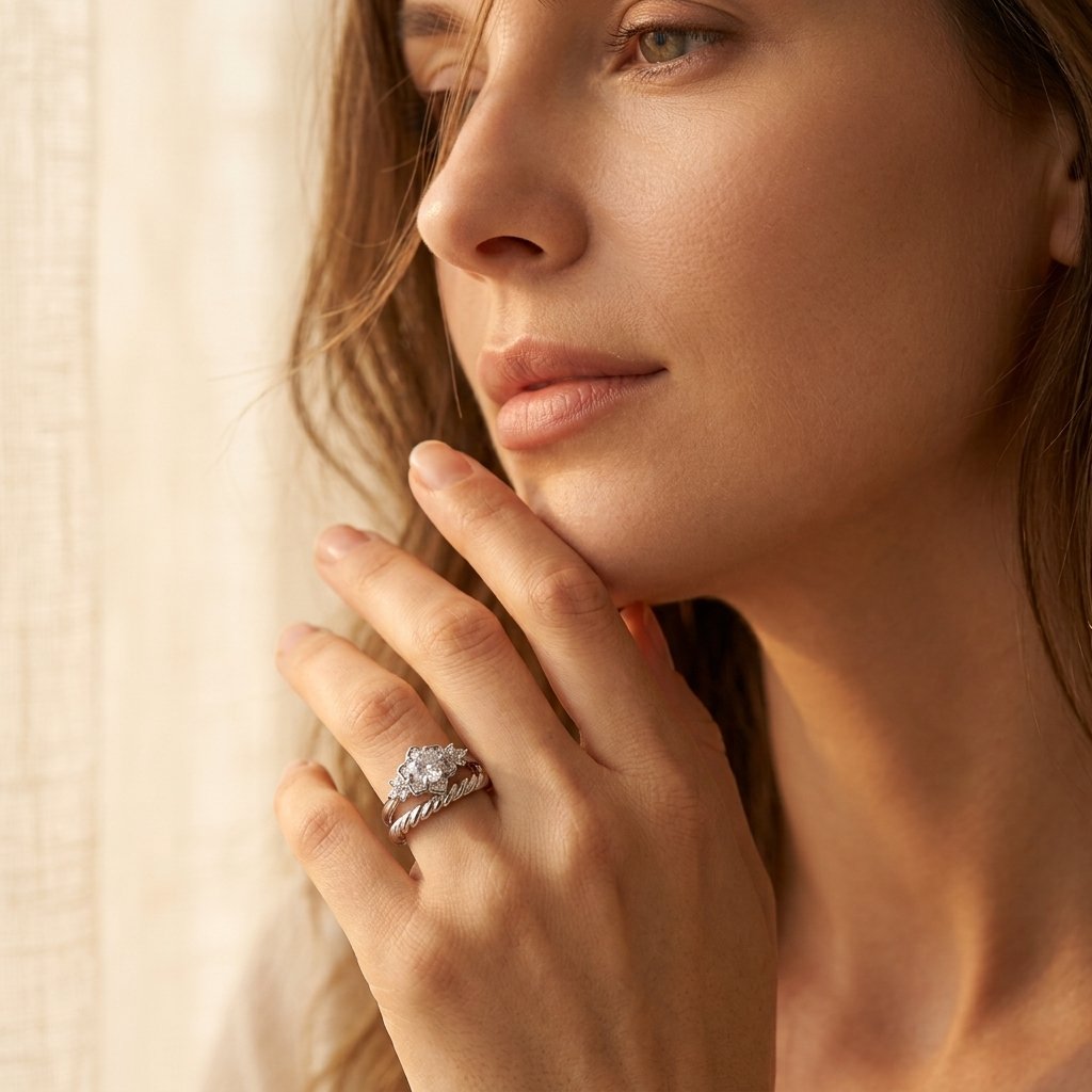 Silver Floral Round Cubic Zirconia Ring Set
