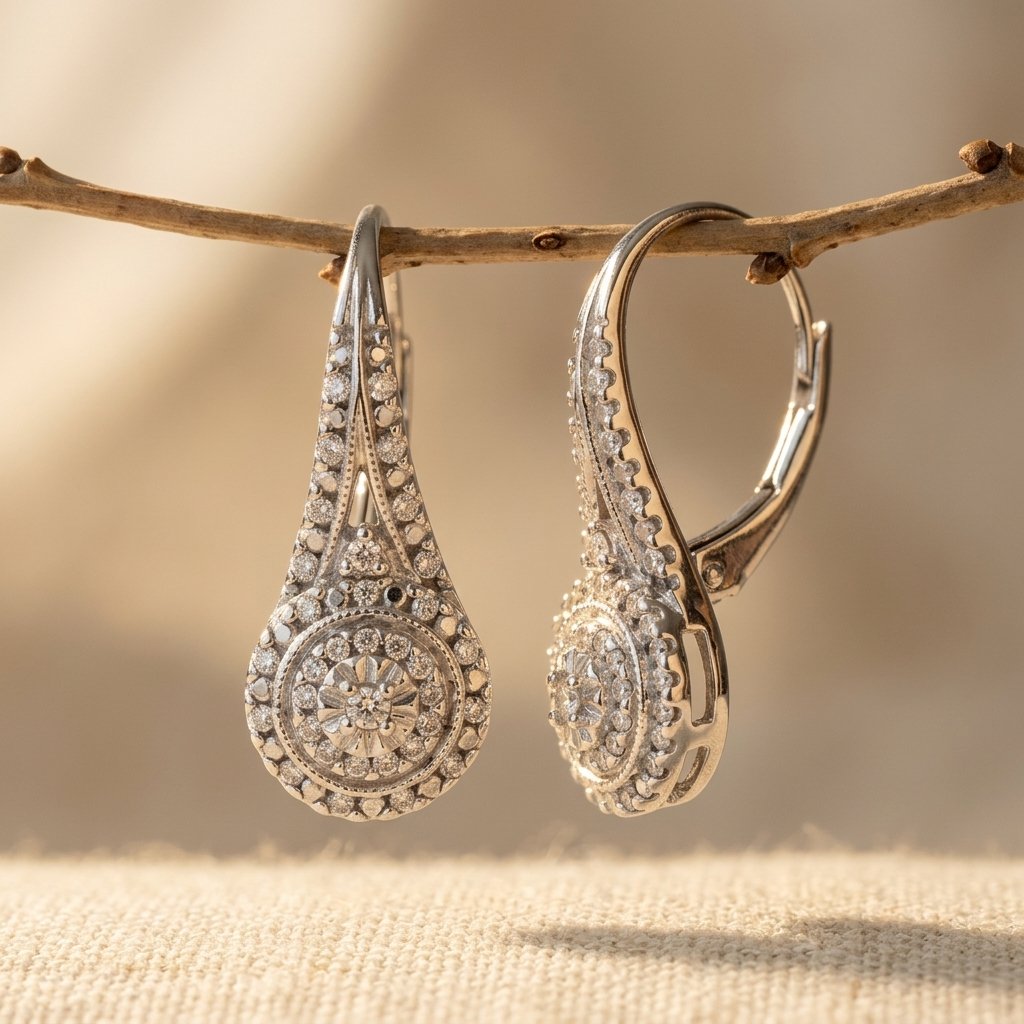 Silver Cubic Zirconia Halo Leverback Drop Earrings