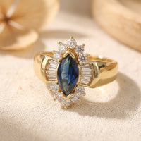 Gold Sapphire Marquise Halo Ring