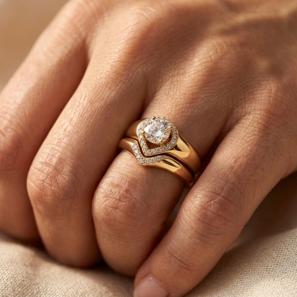 Gold Heart Shaped Diamond Halo Ring Set