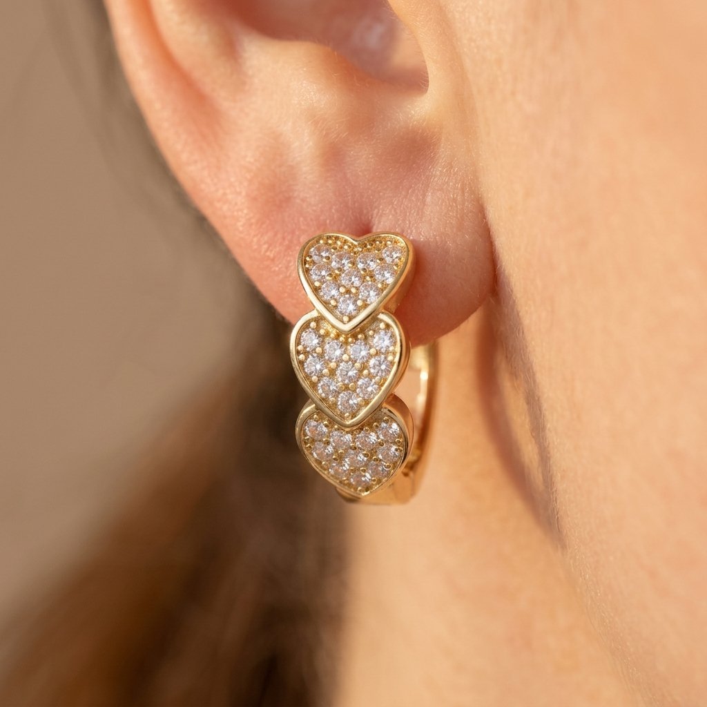 Gold Cubic Zirconia Triple Heart Hoop Earrings