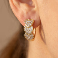Gold Cubic Zirconia Triple Heart Hoop Earrings