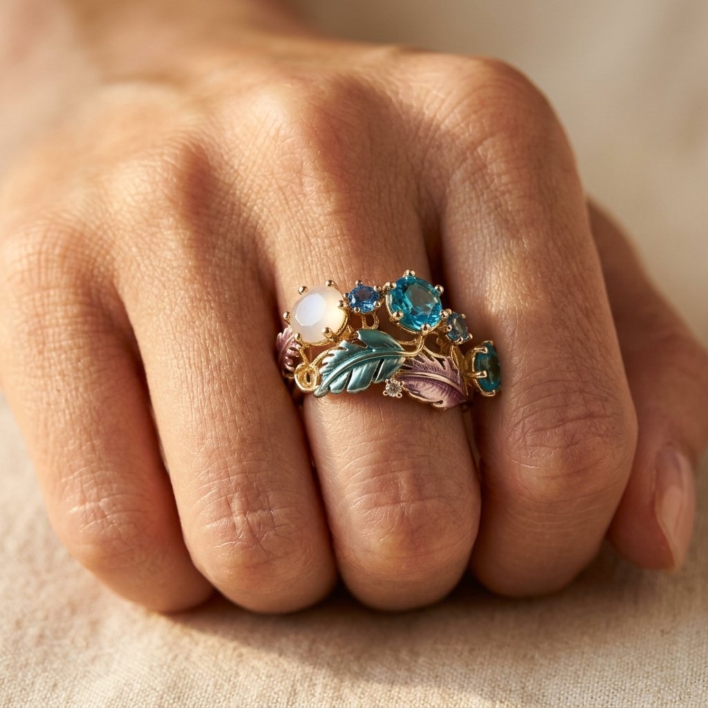 Gold Blue Topaz Enamel Leaf Ring