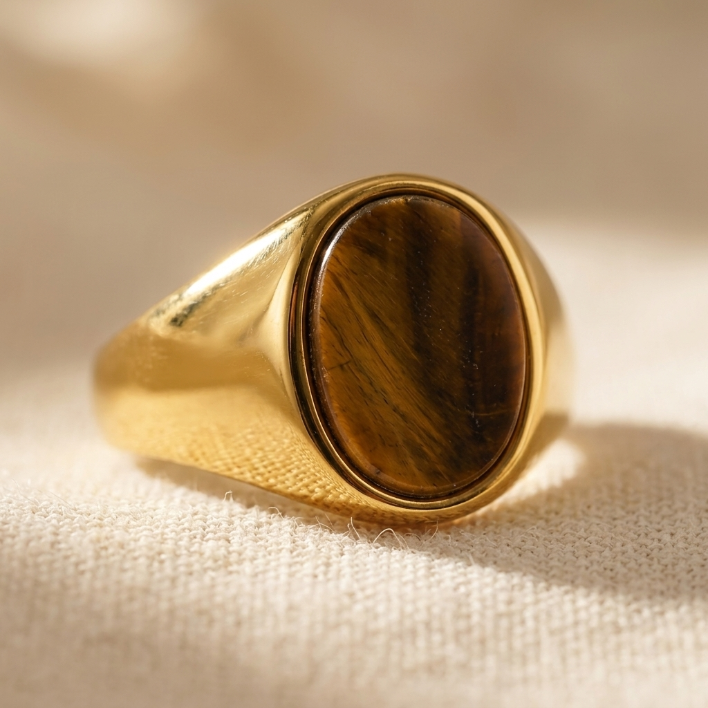 Gold Oval Tiger's Eye Stone Signet Ring