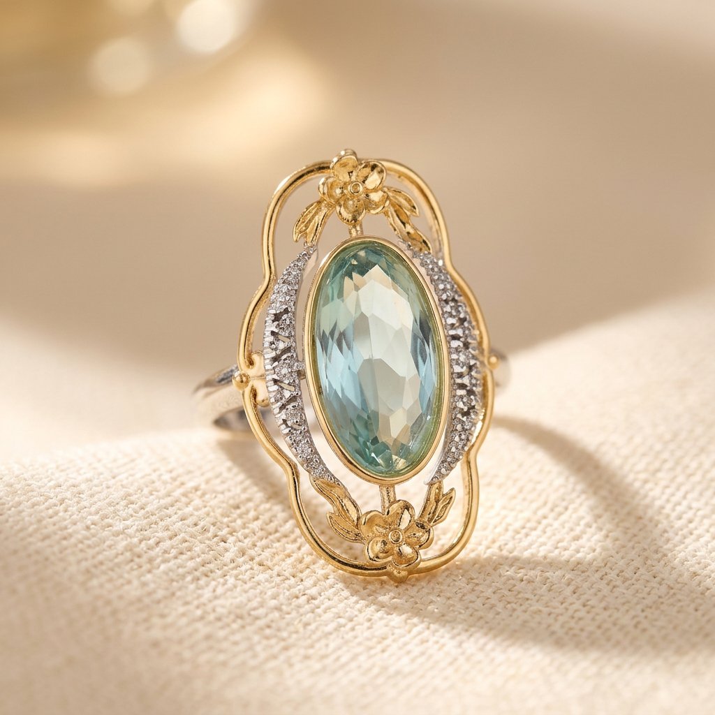 Vintage Gold Aquamarine Oval Floral Ring