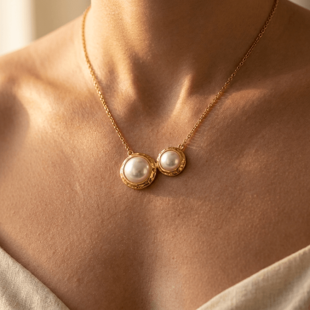Gold Pearl Double Round Pendant Necklace