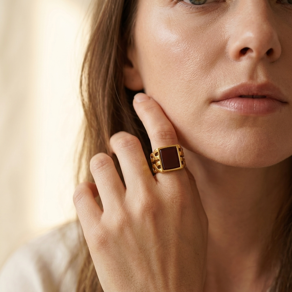 Gold Square Red Agate Statement Ring
