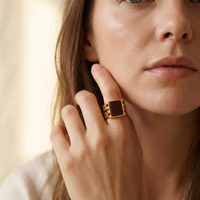 Gold Square Red Agate Statement Ring