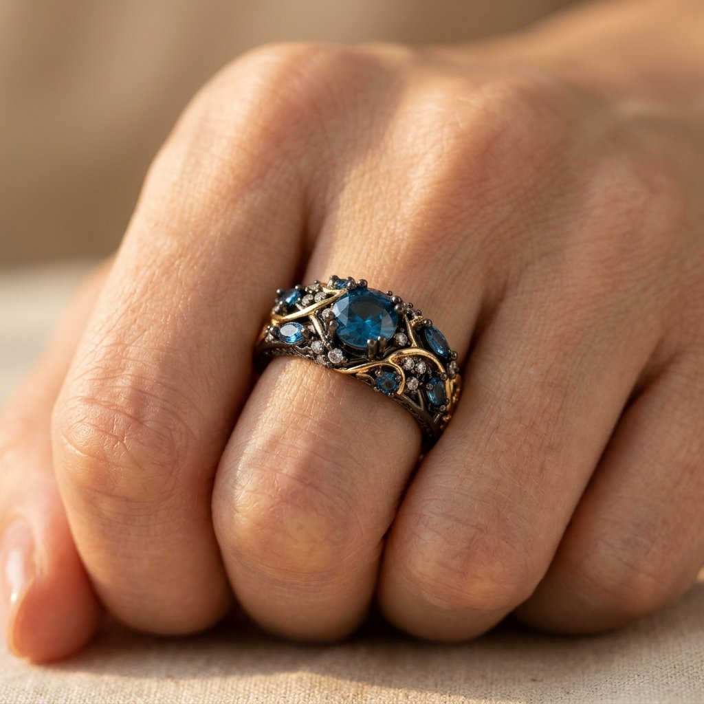 Vintage Gold Blue Topaz Filigree Ring