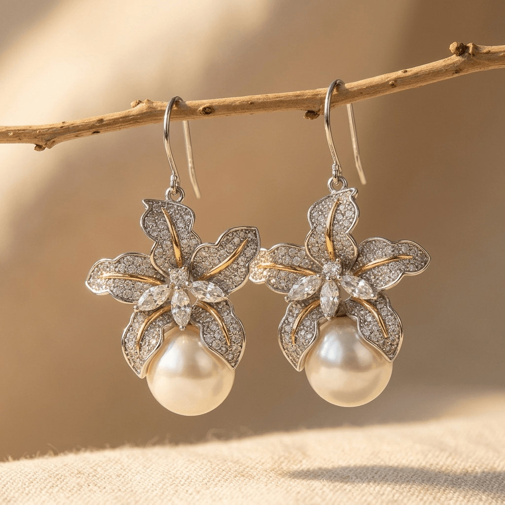 Elegant Flower Pearl Silver Drop Earrings