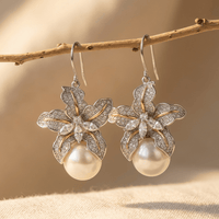 Elegant Flower Pearl Silver Drop Earrings
