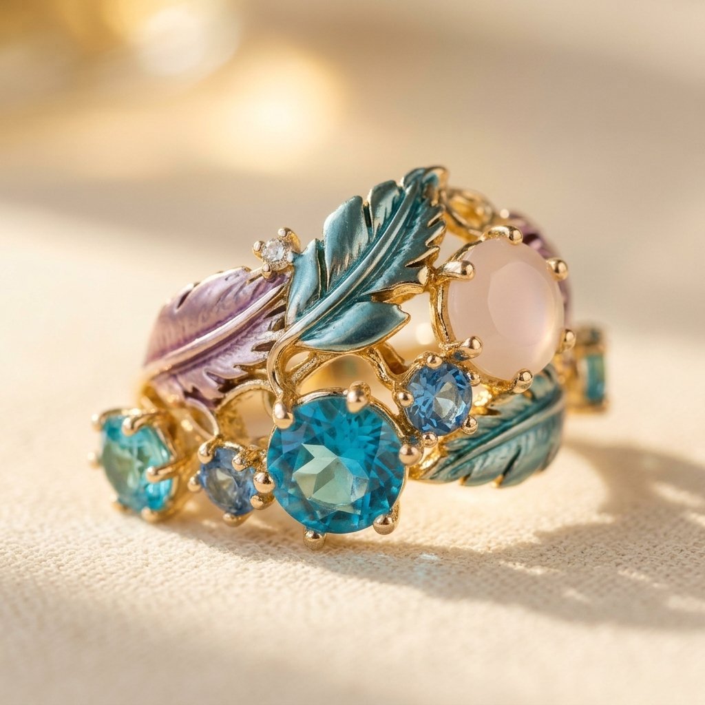 Gold Blue Topaz Enamel Leaf Ring