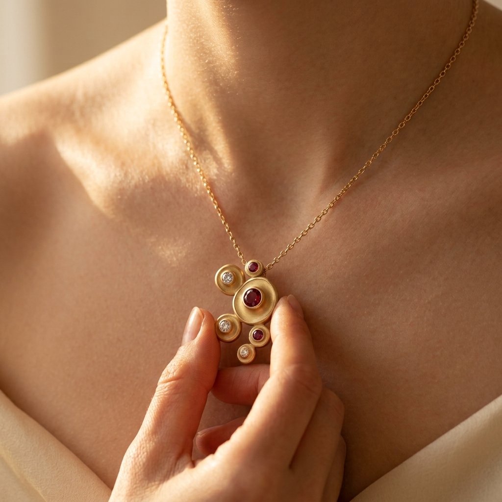 Gold Ruby Cubic Zirconia Cluster Necklace