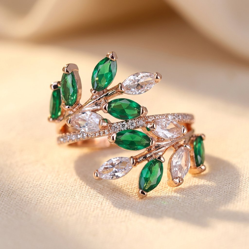 Gold Green Crystal Leaf Branch Ring