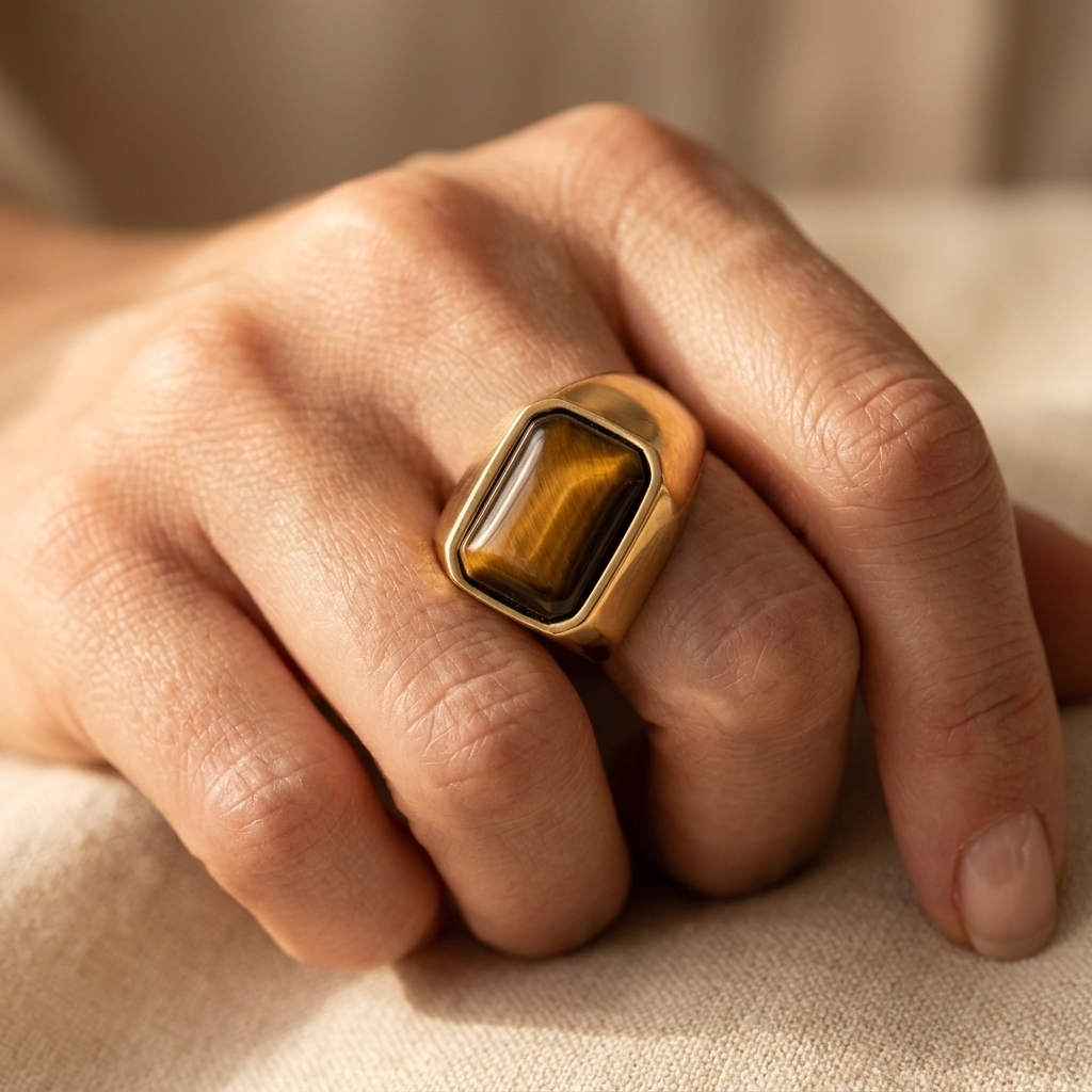 Gold Tiger Eye Stone Rectangular Signet Ring