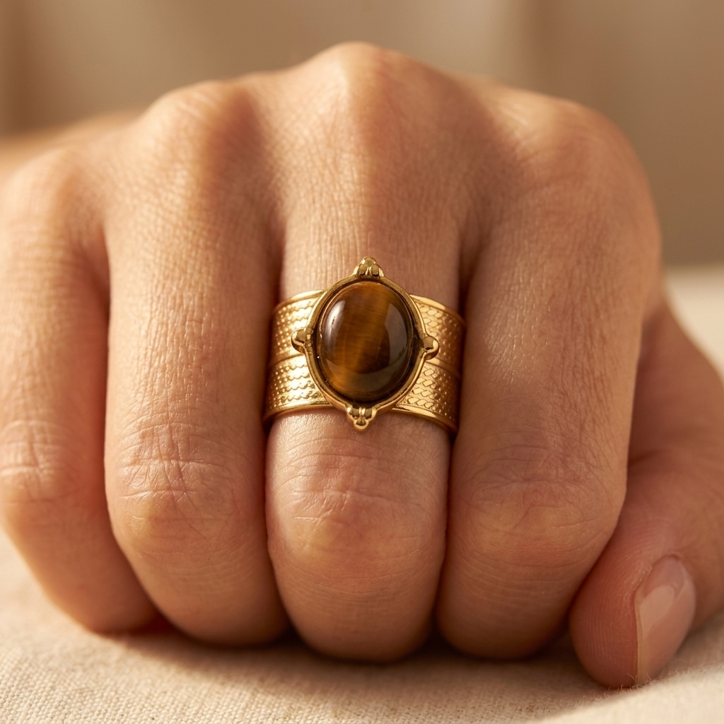 Golden Stainless Steel Tiger Eye Stone Ring