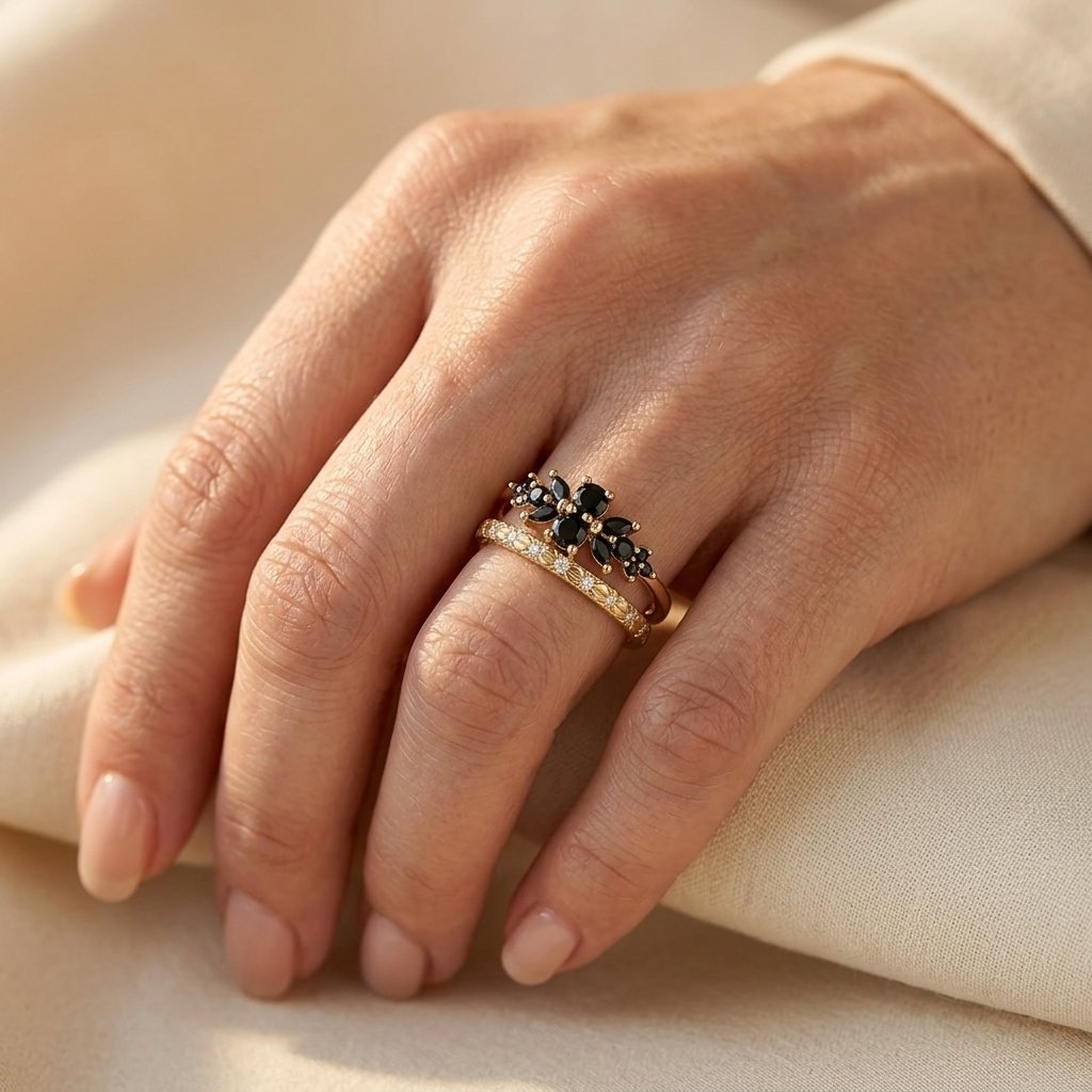 Gold Black Flower Petal Stackable Ring Set