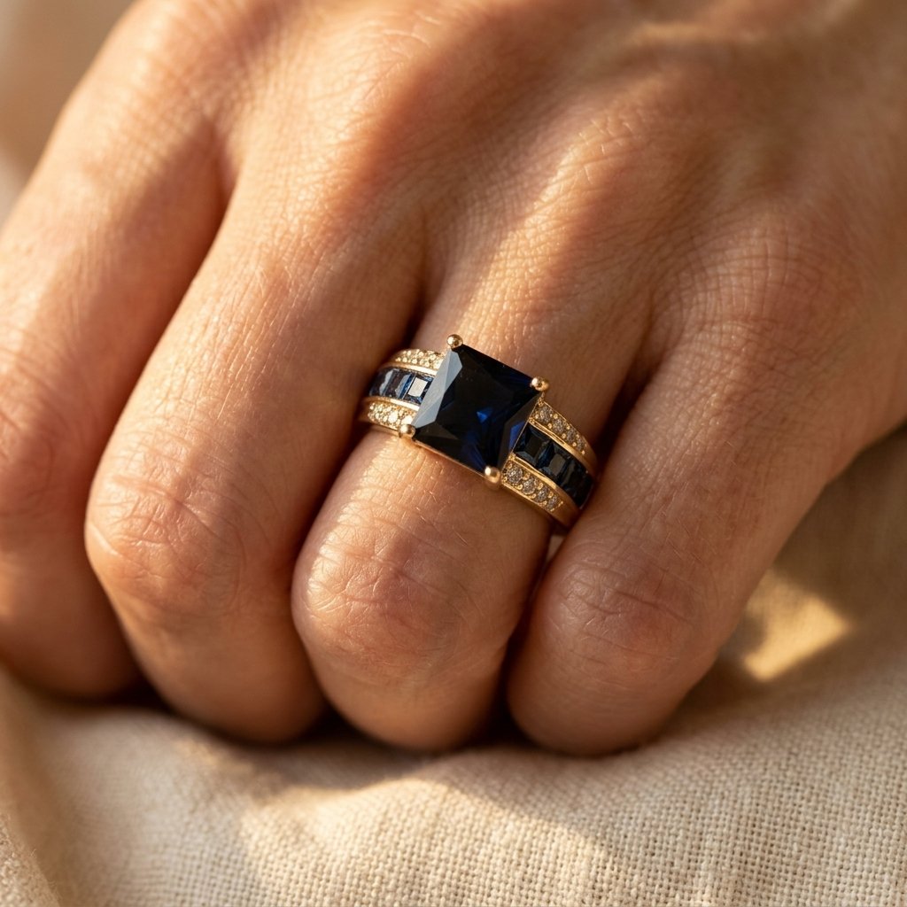 Gold Blue Sapphire Cushion Ring