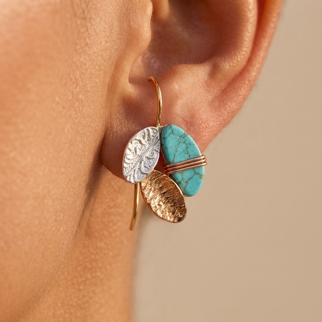 Turquoise Gold Leaf Textured Drop Earrings