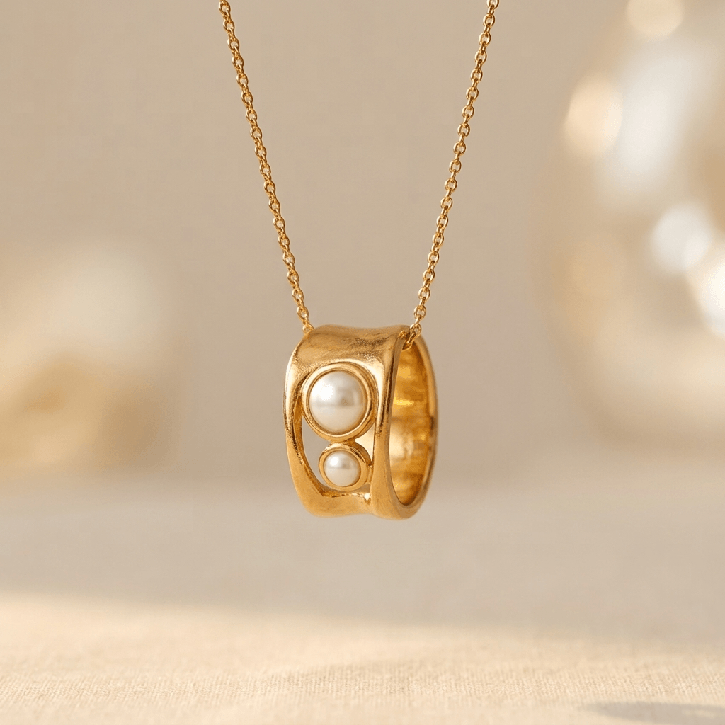 Elegant Gold Pearl Oval Ring Necklace