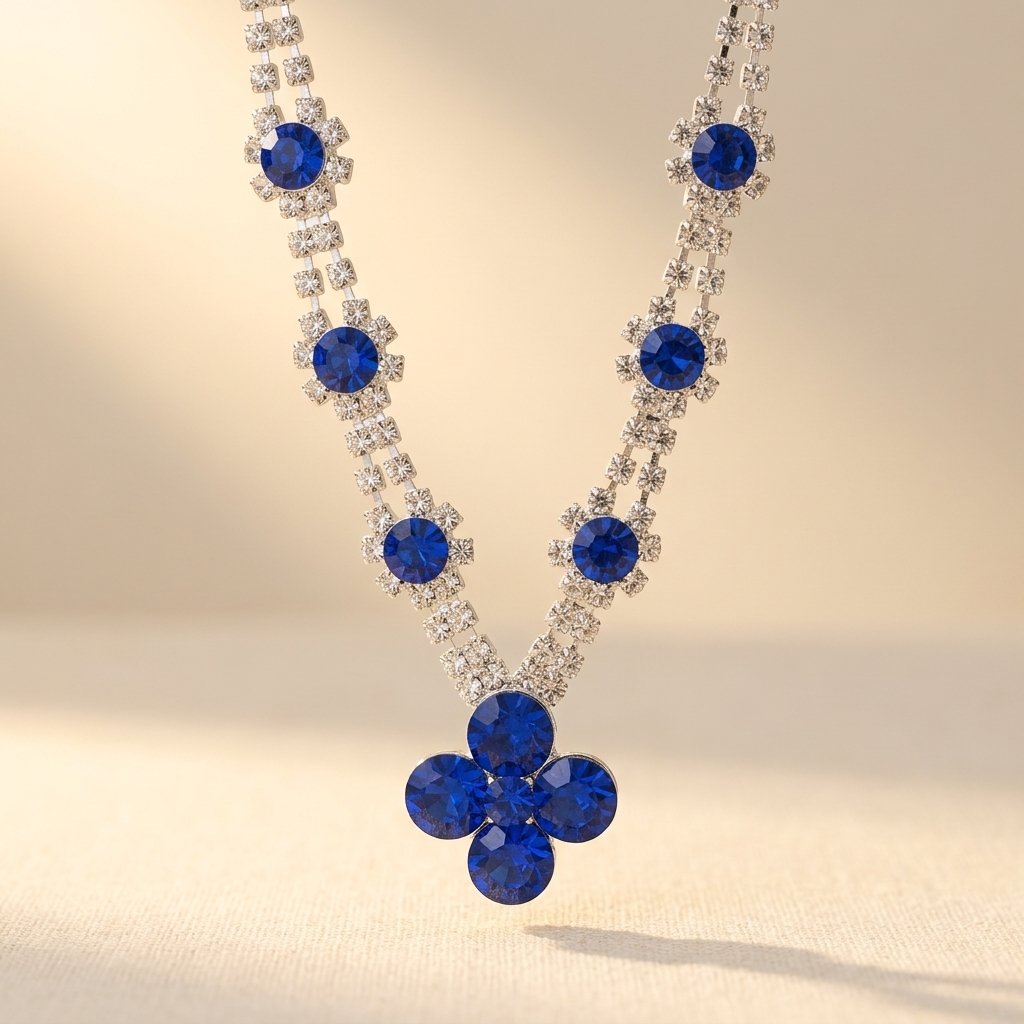 Silver Blue Sapphire Floral Pendant Necklace