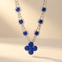 Silver Blue Sapphire Floral Pendant Necklace