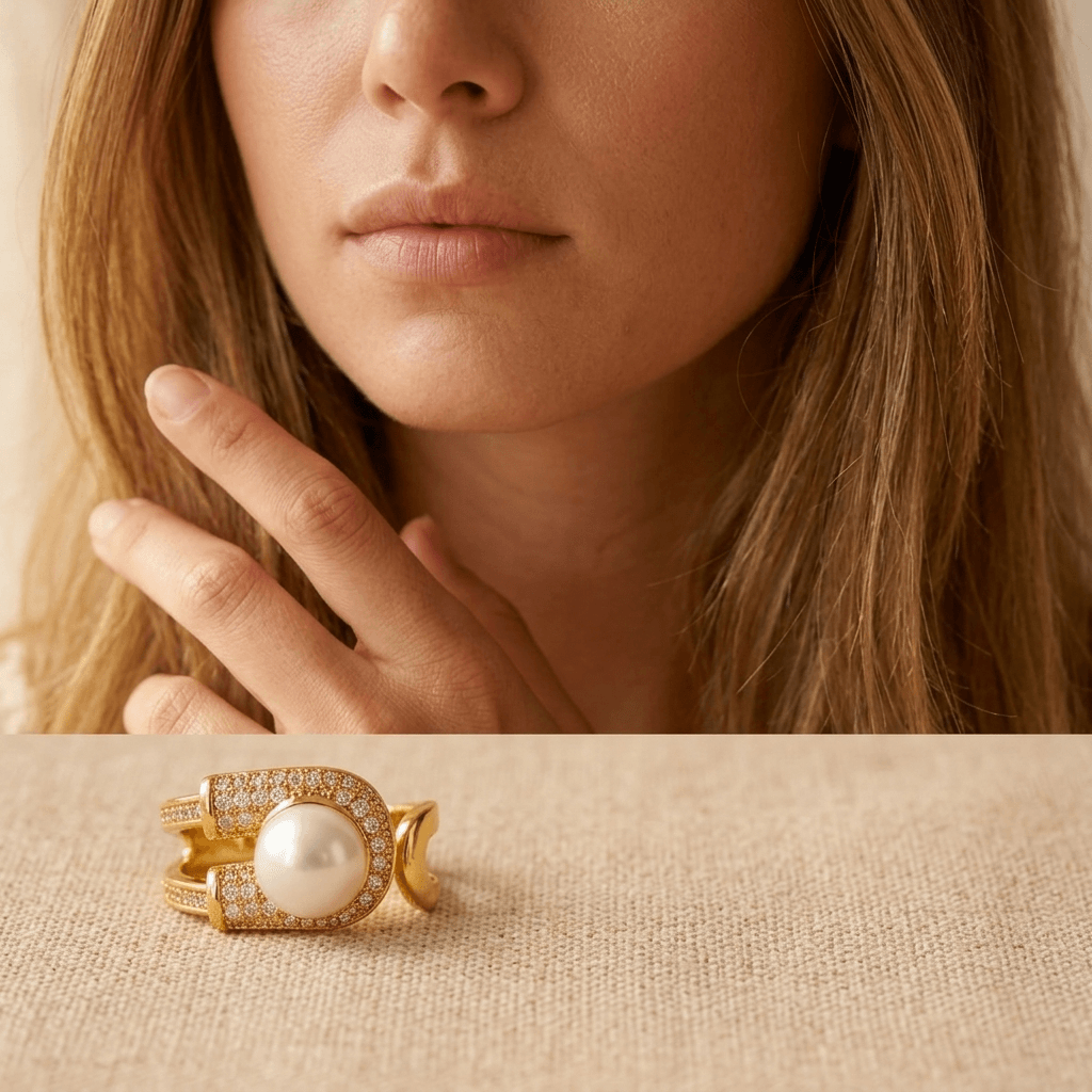 Gold Pearl Zirconia U Shaped Ring