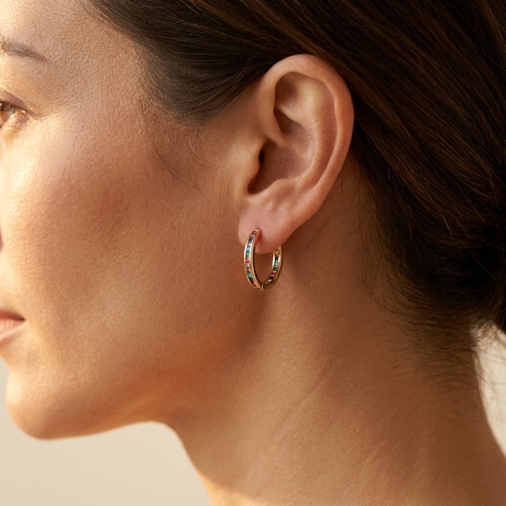 Rainbow Gemstone Gold Channel Hoop Earrings