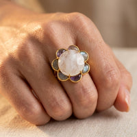 Gold Labradorite Oval Flower Ring
