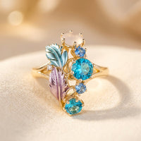 Gold Blue Topaz Enamel Leaf Ring