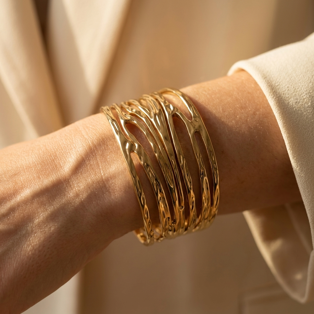 Gold Textured Hollow Wave Cuff Bracelet