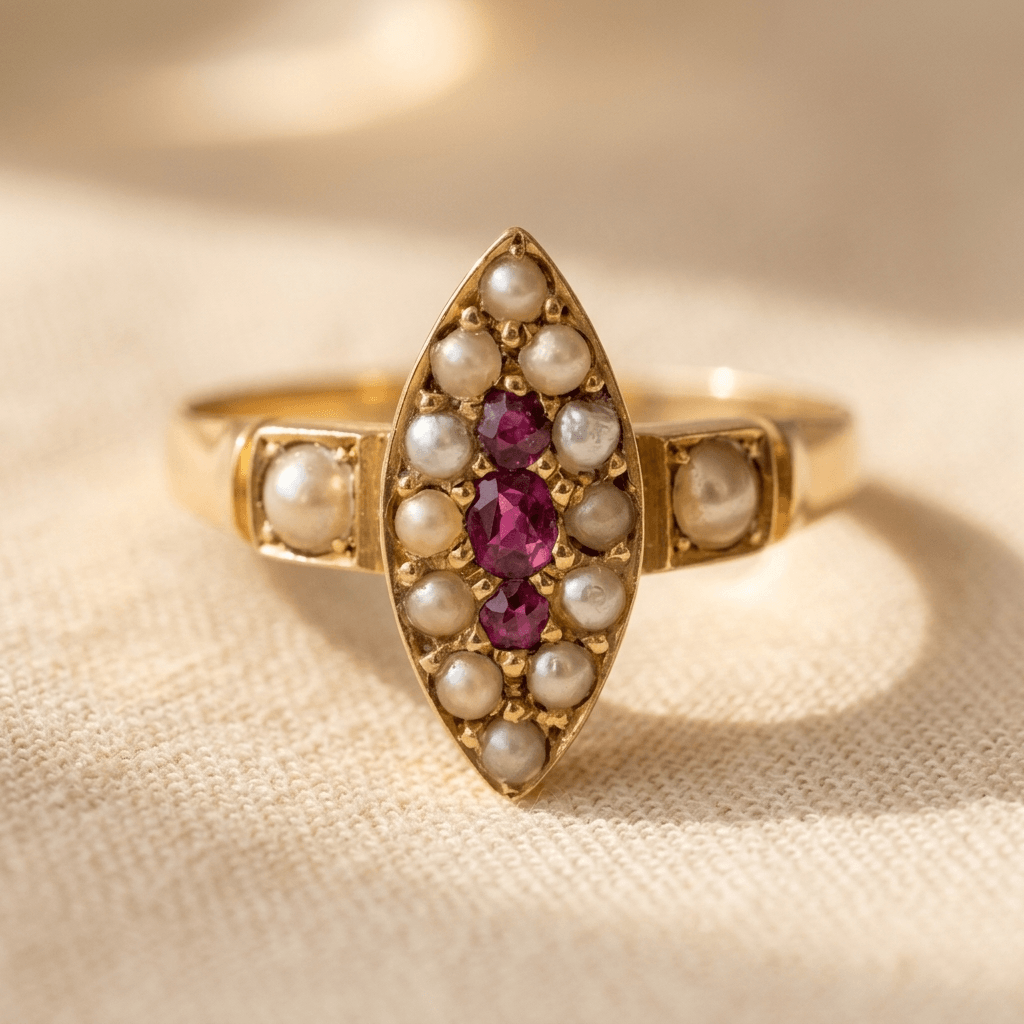 Vintage Gold Pearl Ruby Oval Ring