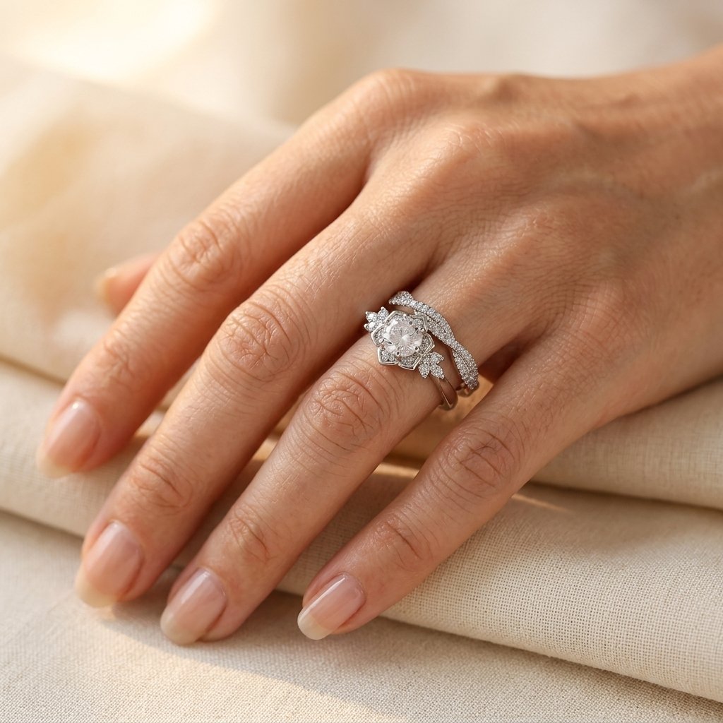Vintage Silver Filigree Round Cubic Zirconia Ring Set