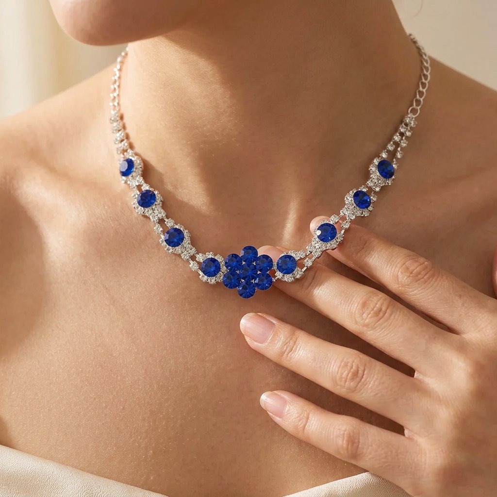 Silver Blue Sapphire Floral Pendant Necklace