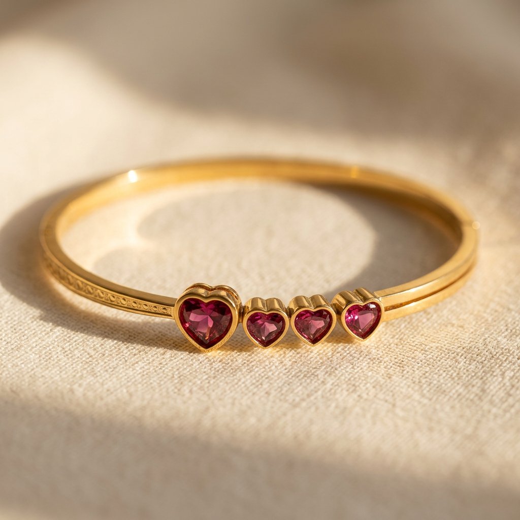 Gold Ruby Heart Filigree Bangle Bracelet